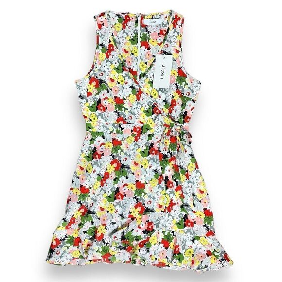 Likely Vera Faux Wrap Dress Coquette Ruffle Hem Floral Print Ivory Red Size‎ 0 - Picture 2 of 12